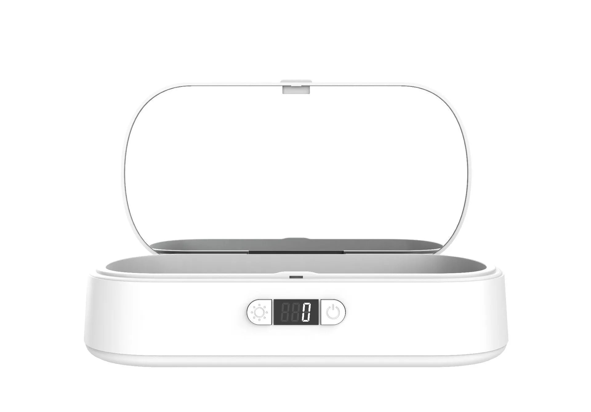 White ABS wireless UV steriliser and charging box with display showing dimensions and phone inside.