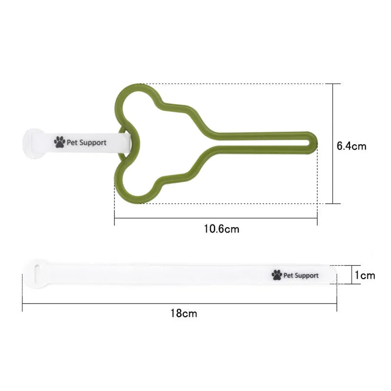 Hands-free dog poo bag holder with fixed clip and adjustable velcro strap.