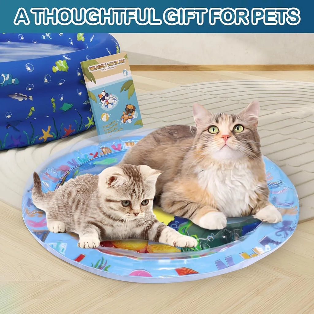 Thickened PVC water sensory playmat for cats and dogs with floating fish toys on a blue background