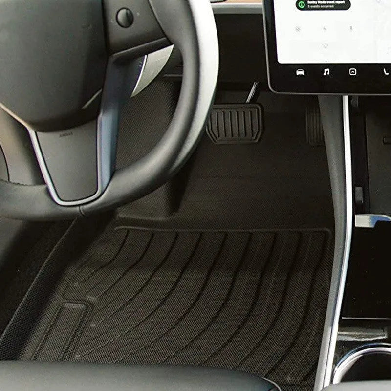 Black rubber floor mats with TPE footrest for Tesla Model 3, Y, X, and S vehicles
