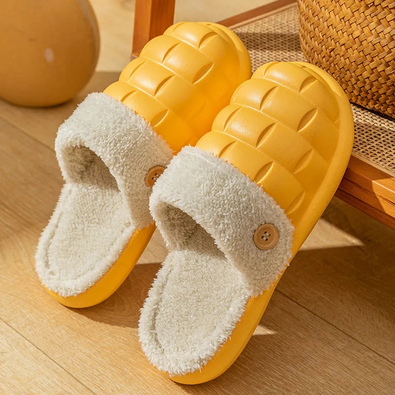 Plaid patterned detachable slippers with a warm plush lining and a textured EVA nonslip sole.