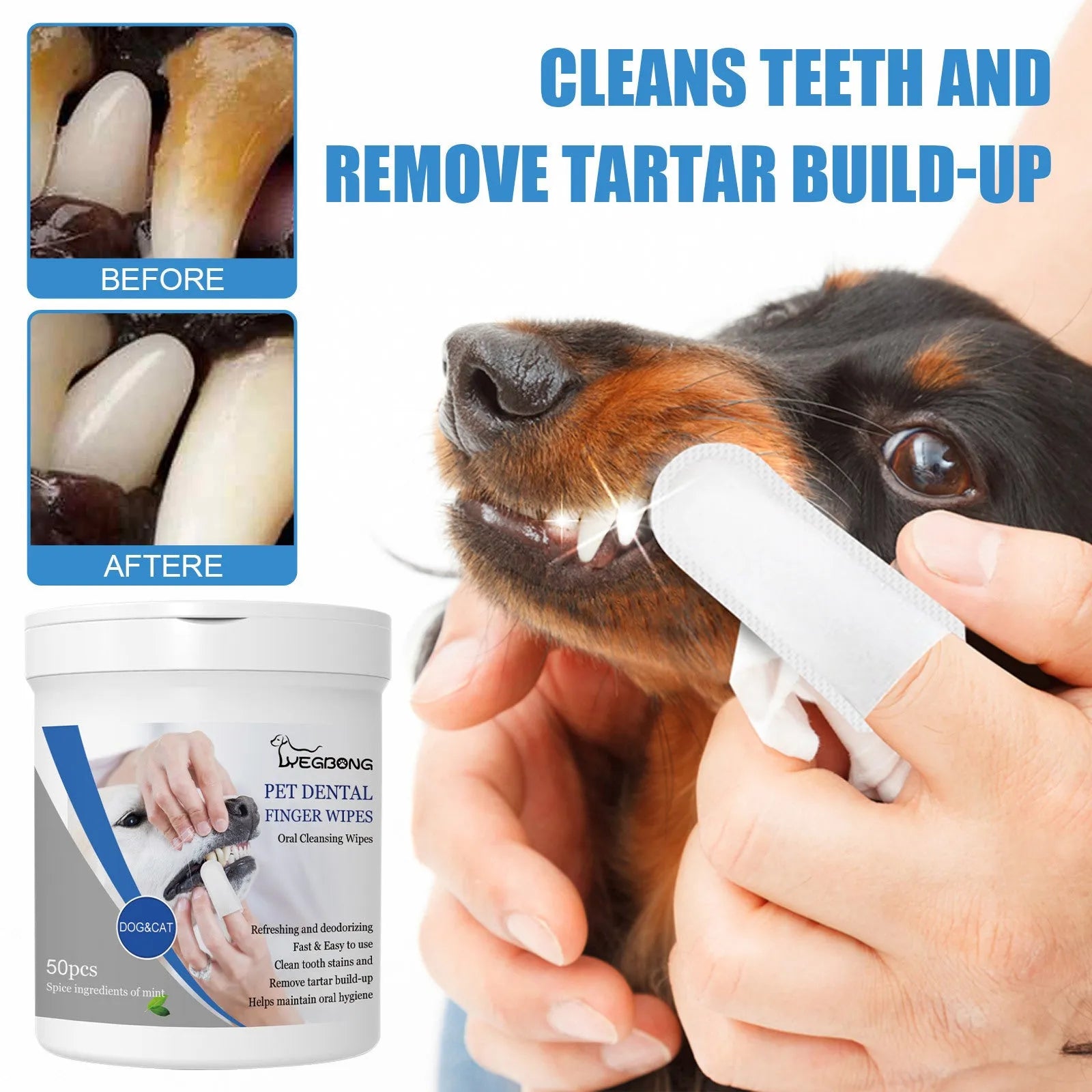 Can of dog dental finger wipes with reusable stall applicator for teeth cleaning