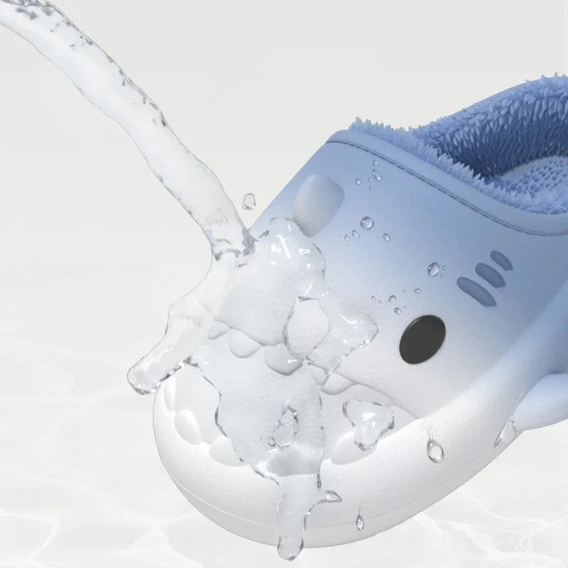 Waterproof gradient shark cotton slipper with artificial PU upper in white blue colourway