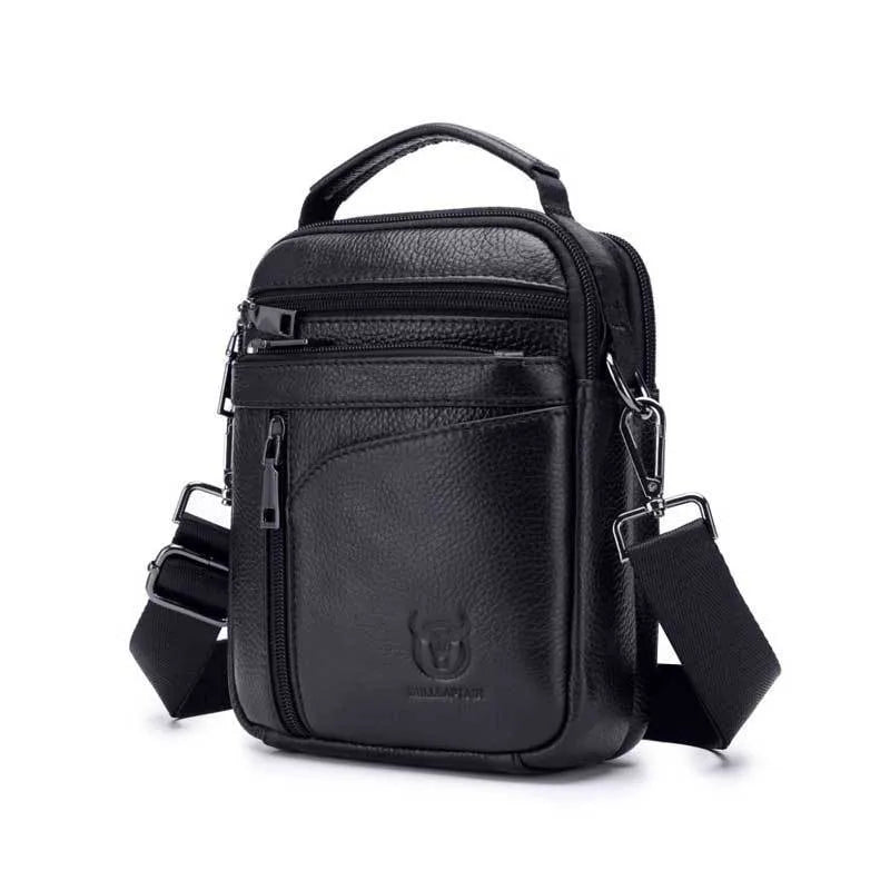 Men's black genuine leather shoulder messenger bag in a retro style.