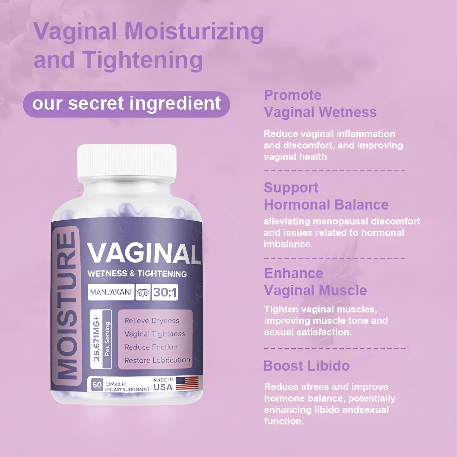 60-count bottle of vaginal capsule supplement for women's intimate health with herbal extract formula