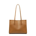 Women's genuine leather commuter tote bag in golden brown with double straps and stitching detail