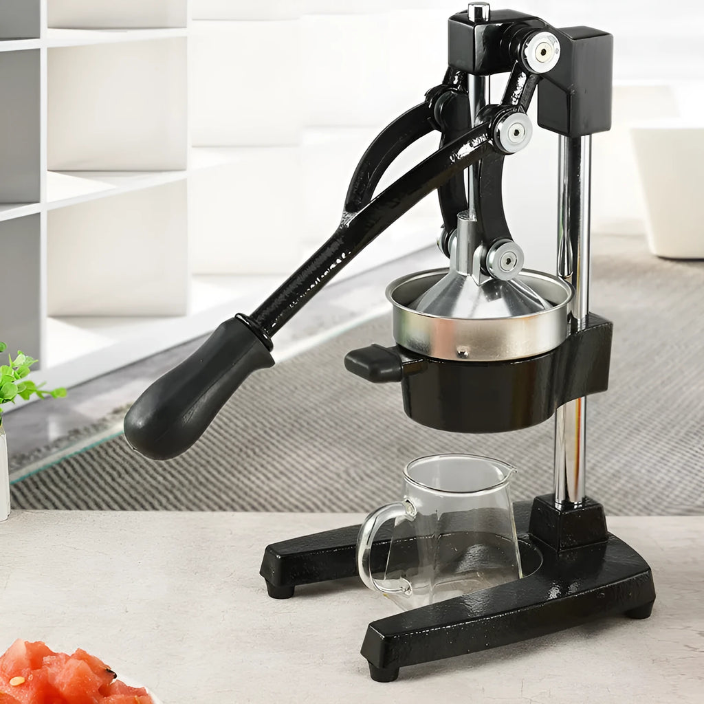 Black cast iron manual juicer with stainless steel strainer measuring 40cm in height