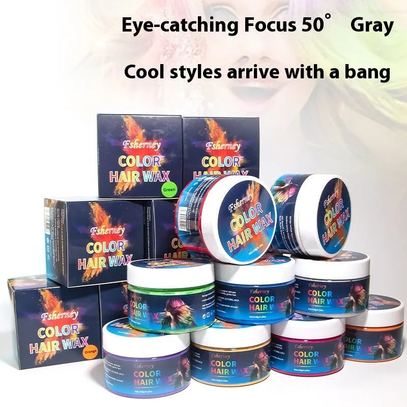 120g hair styling clay container showing colour options including rose red, granny grey, blue, and white