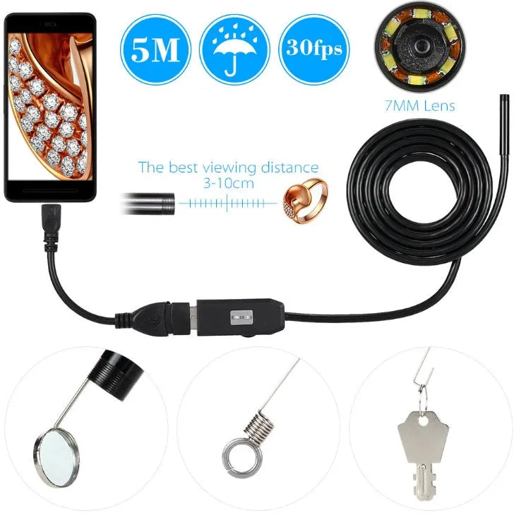 OWSOO USB endoscope camera with 5m cable, 6 LED lights, and attachments including a hook and magnet