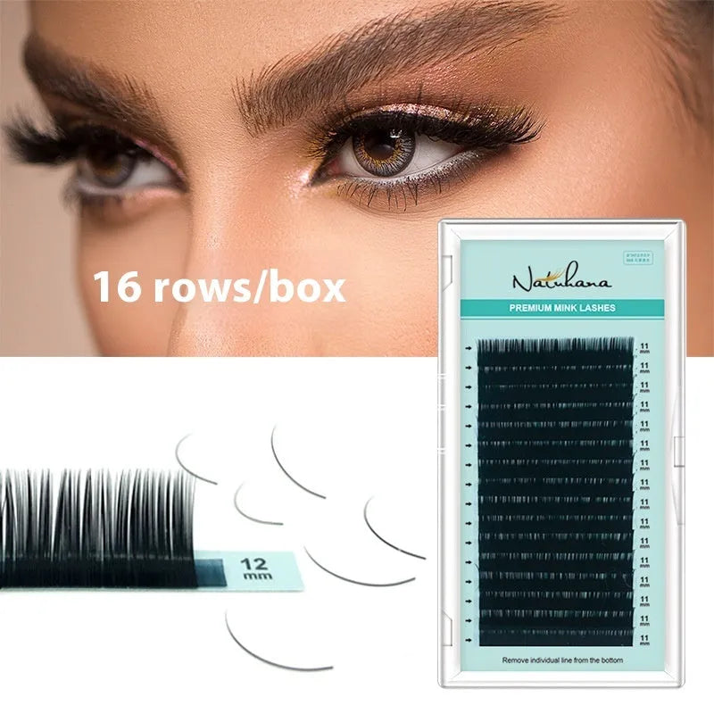 A pair of women's false eyelashes with soft velvet texture, showing length options from 7mm to 15mm.
