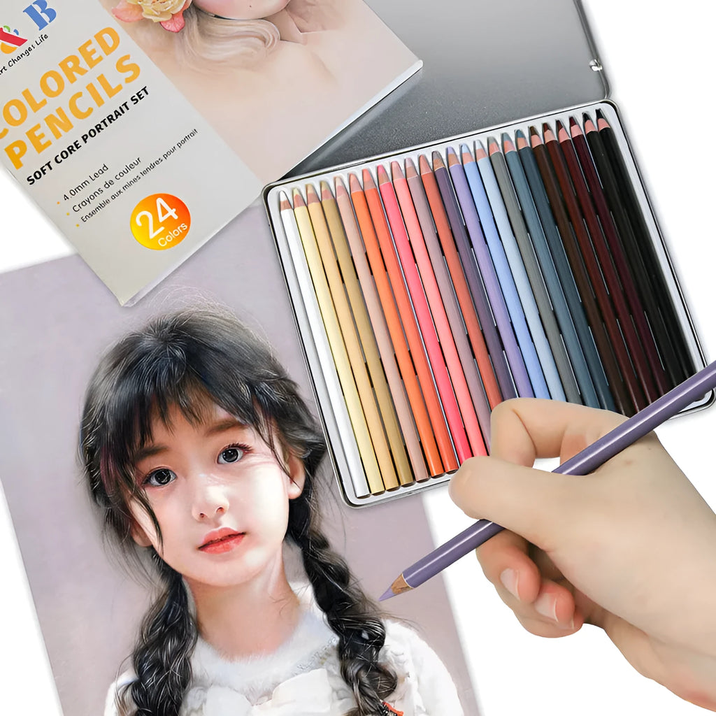 24 skin colour portrait drawing pencils in iron box case with round brush pot