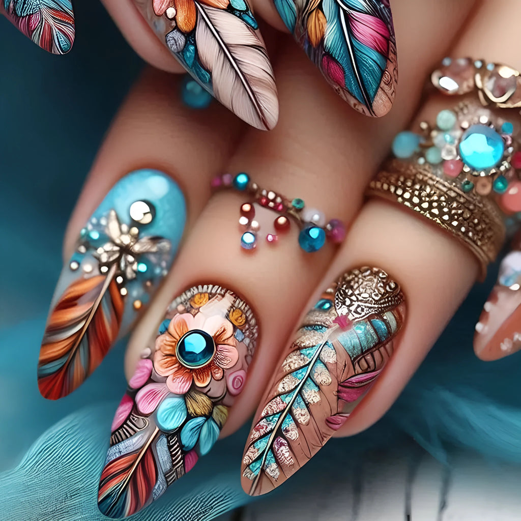 Retro colour feather nail art set with jelly glue burnishing stick and decorative patterns.