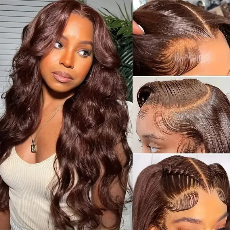 Long curly dark brown synthetic lace front wig with side fringe laid flat