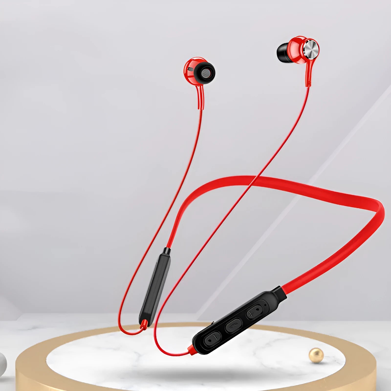 G03 red, black, and white neckband sports Bluetooth earphones showing the binaural earpieces and USB cable.