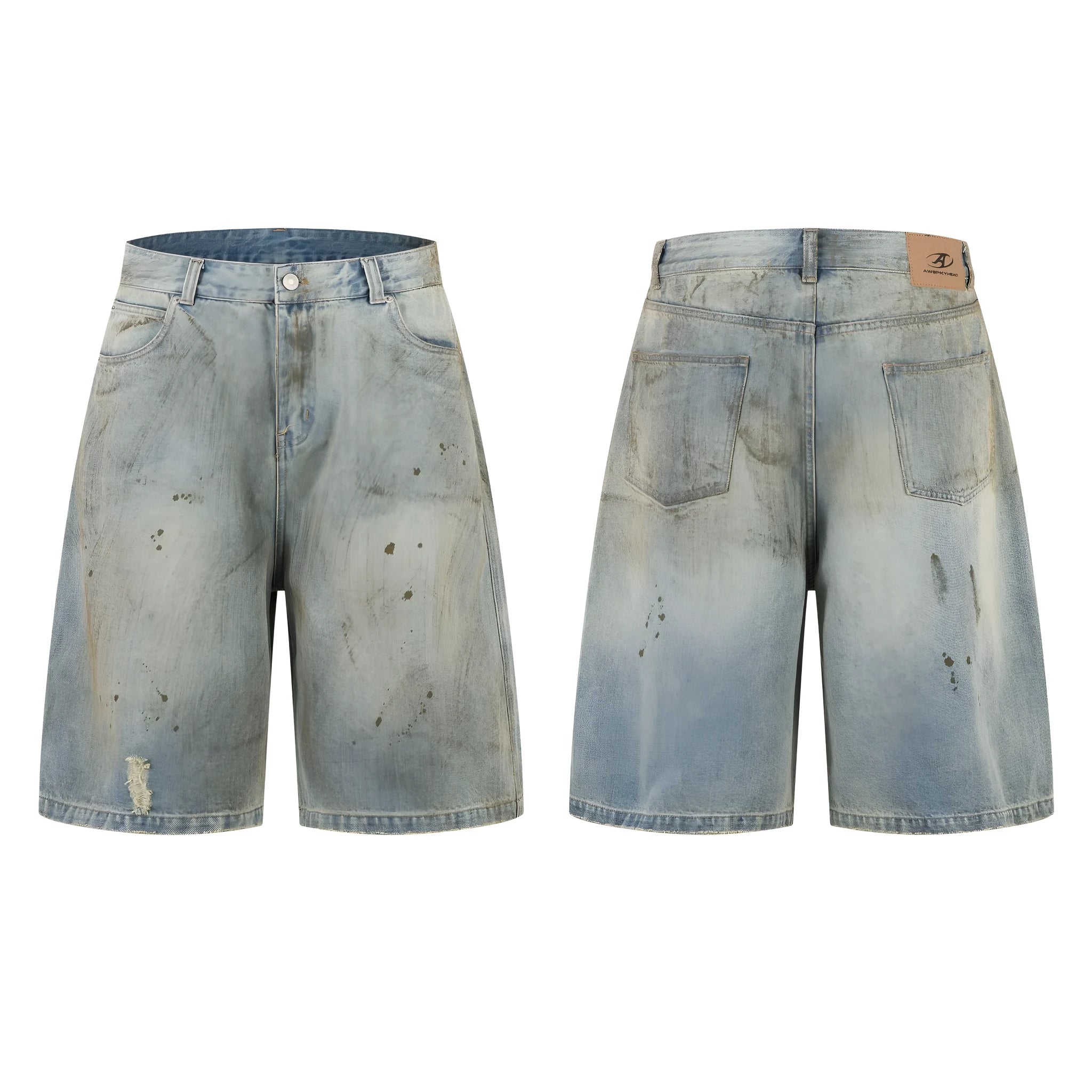 Blue cropped denim jeans with straight leg cut and middle pants length showing zipper fly closure