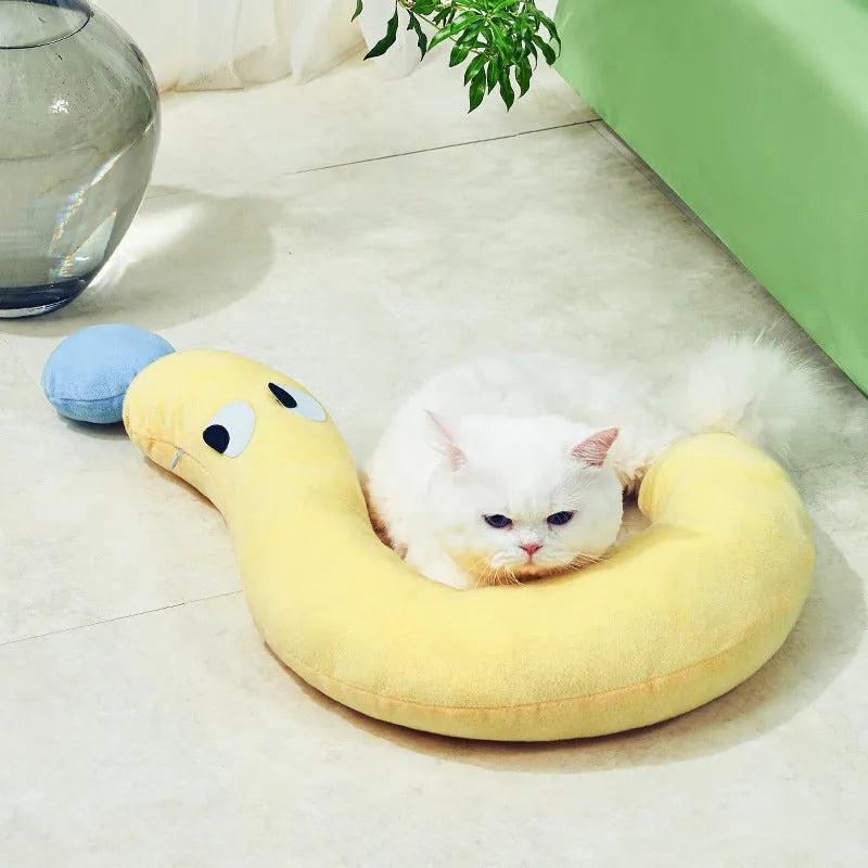 Blue or yellow rectangular pet pillow for cats and dogs on a white background