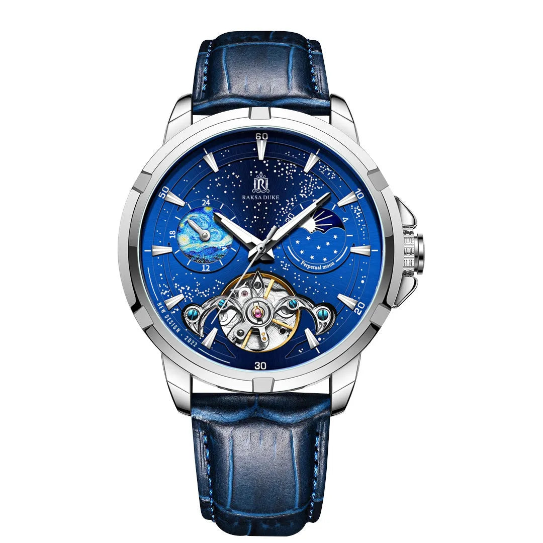 Men's blue dial automatic mechanical watch with stainless steel 14mm case