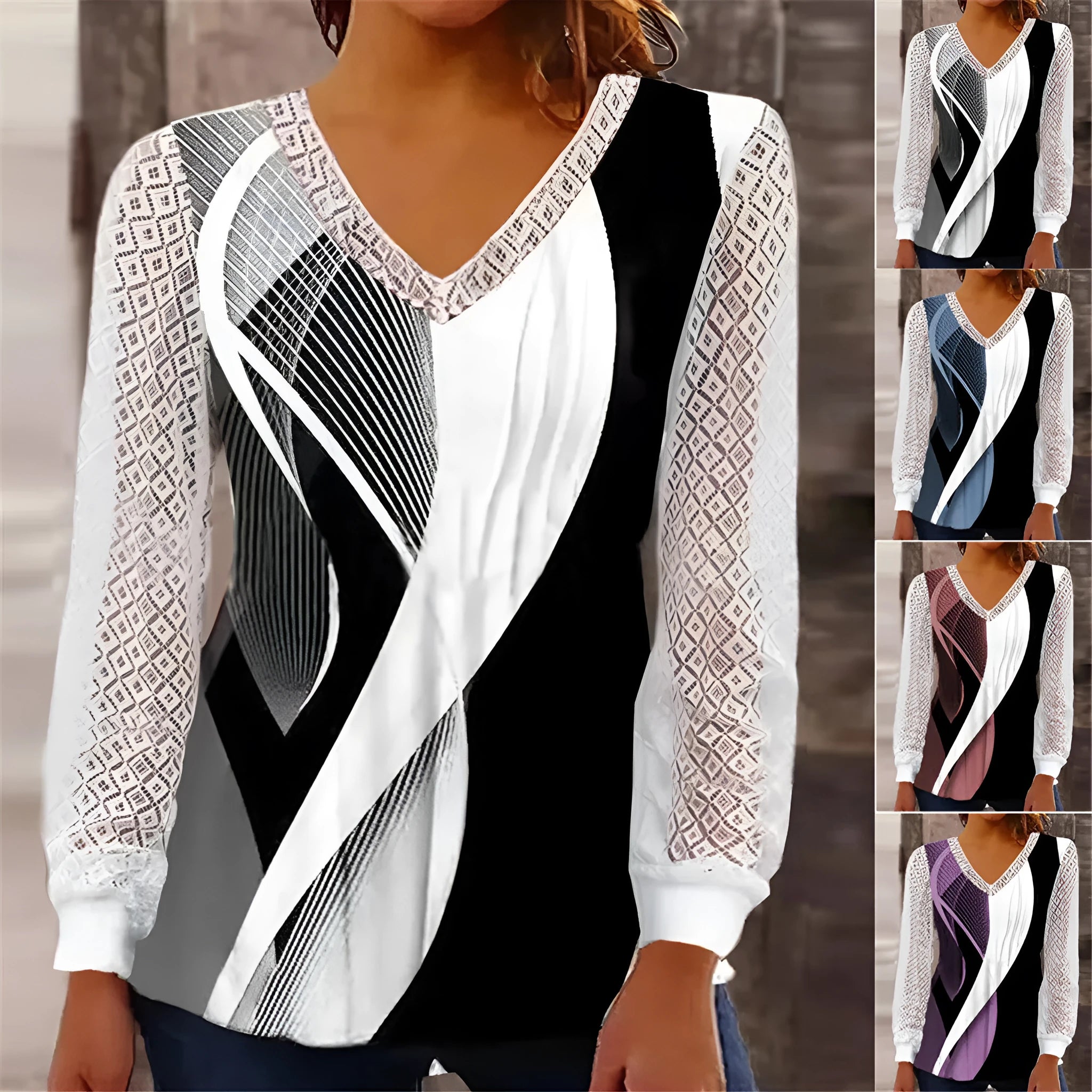 Purple loose fit V-neck lace top with long sleeves and hollow-out detail on a hanger.