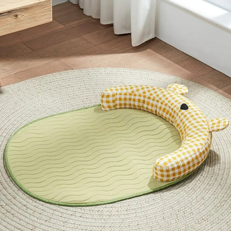 Green four seasons universal dog mat and cat bed, shown in large size as a cooling ice pad for summer.