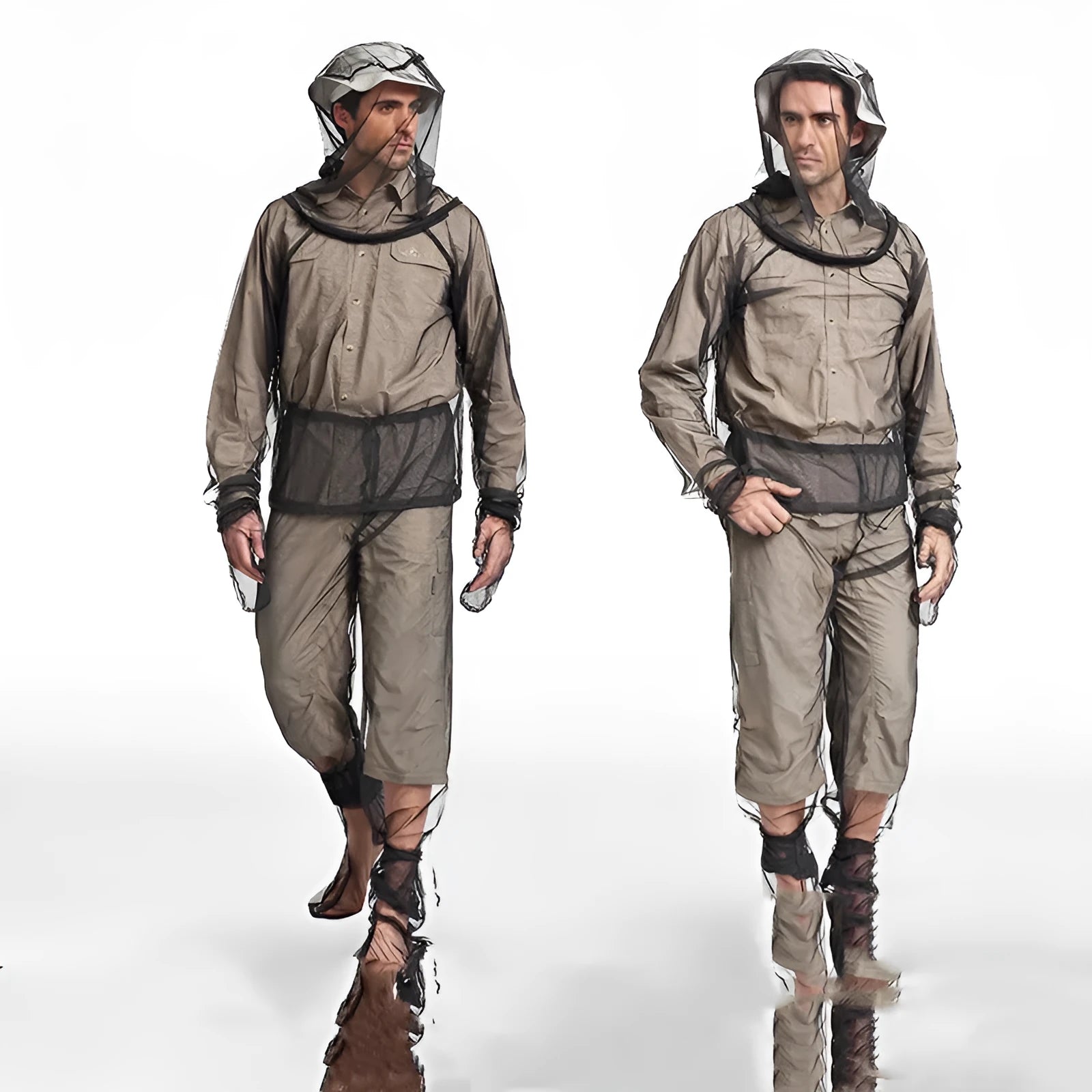 Four-piece anti mosquito suit set showing hooded top, trousers, and protective booties in mesh fabric