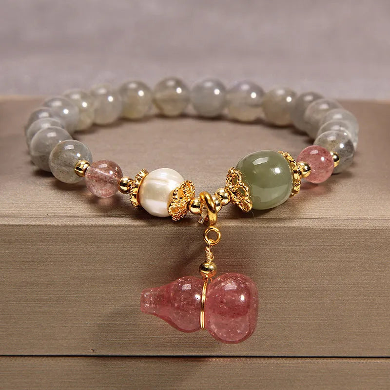 Women's multi-layer crystal bracelet in Korean style with garnet, pearl, quartz, jade and moonstone pendants.