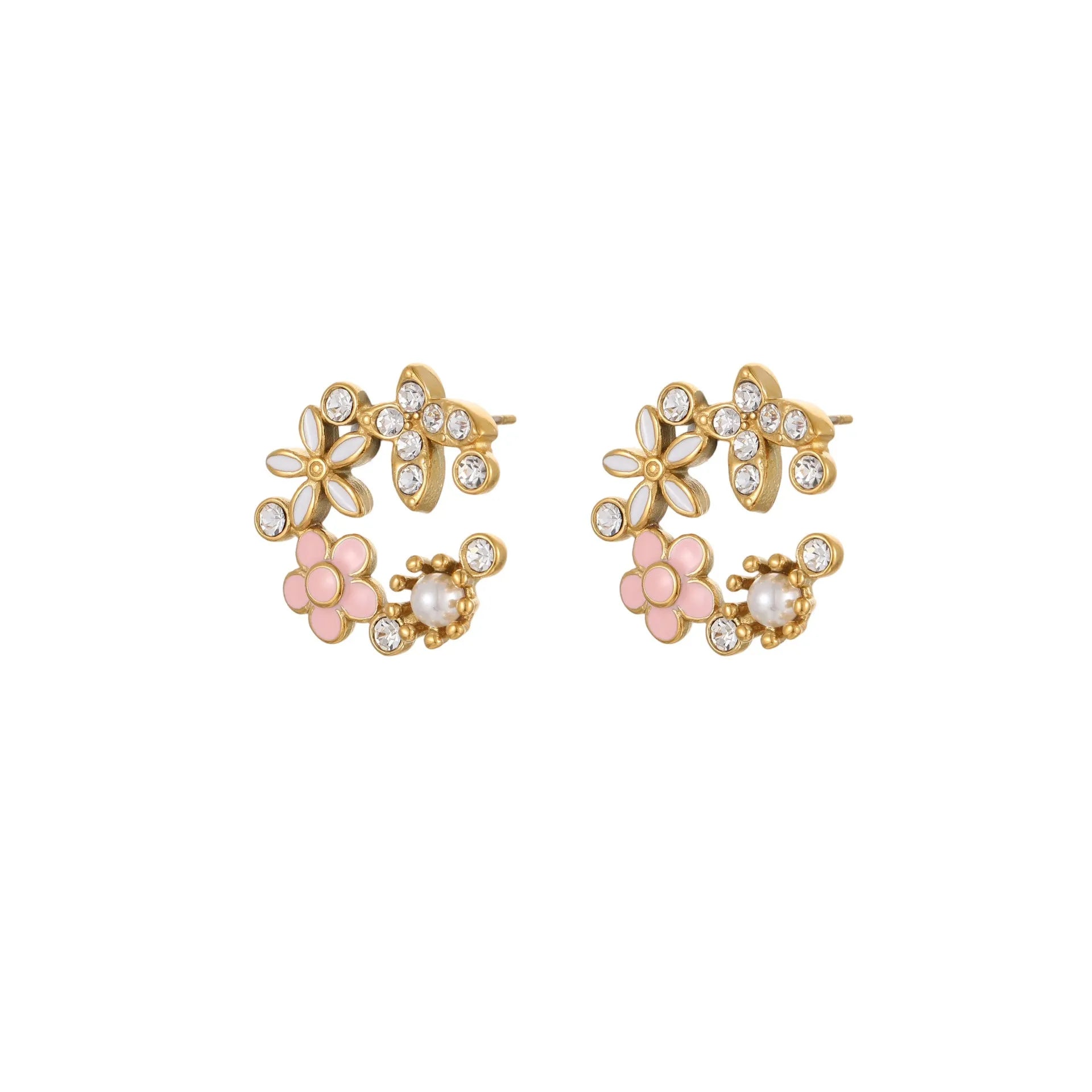 Stainless steel flower stud earrings with 18K gold electroplating and colourful oil diamond petal design