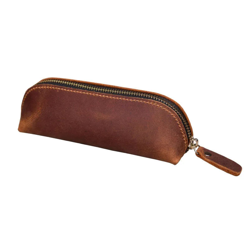 Genuine cowhide leather handmade square pencil and glasses case with zipper, in black.
