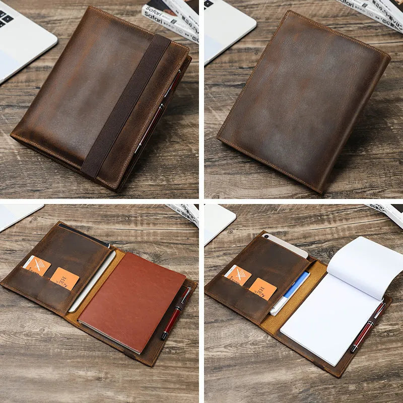 Brown Crazy Horse leather A5 notebook protective sleeve with multi-function pockets