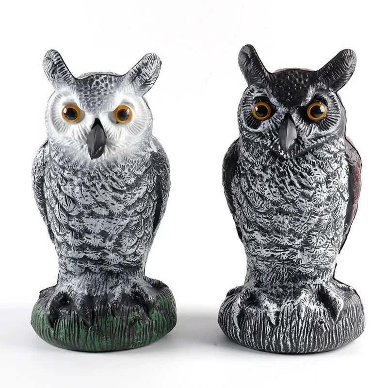 Three artificial plastic owls in red or white for garden pest control, each 20cm tall