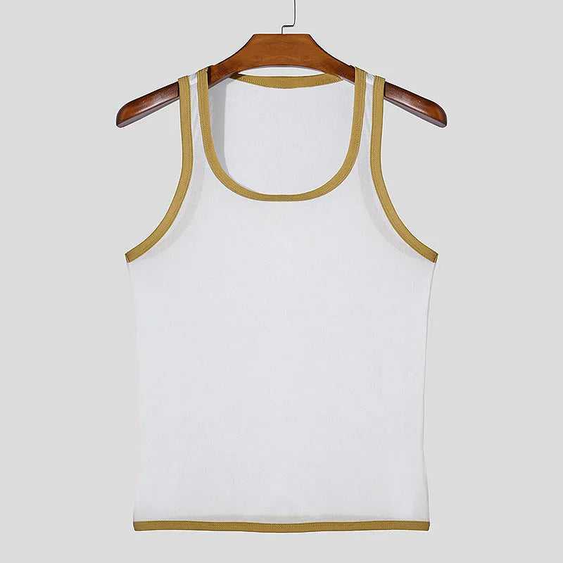 Men's solid colour sleeveless mesh fitness vest in a tight amekaji style.