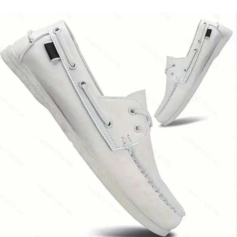 Men's British style casual shoes in artificial PU with round toe and flat heel, shown in solid colour options.
