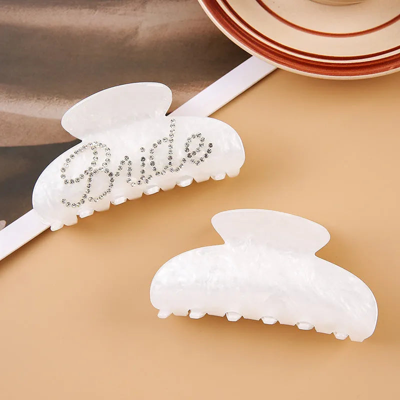 Pink acrylic hair claw clip with diamond pattern and English letters decoration, 10cm size