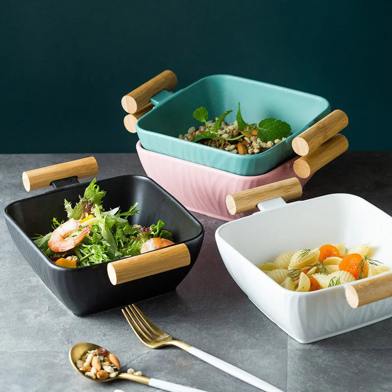 Modern irregular shaped ceramic bowl with matching lid in heat-resistant porcelain