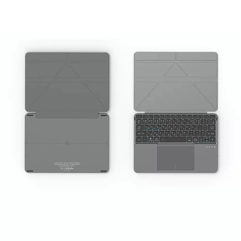 Grey folding Bluetooth wireless keyboard for phones and tablets shown folded and unfolded