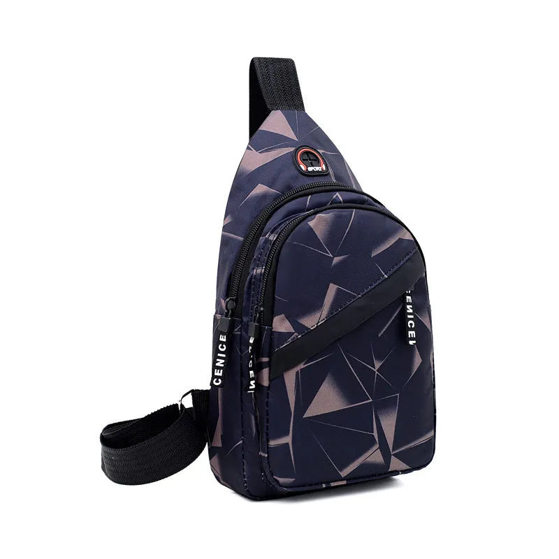 Men's crossbody messenger bag with earphone hole in Oxford cloth, showing zipper opening and shoulder strap
