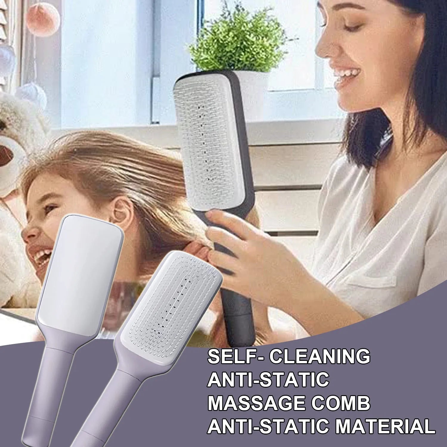 Roland purple self-cleaning hair brush with ergonomic handle showing rotating mechanism.