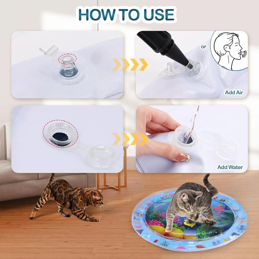 Thickened PVC water sensory playmat for cats and dogs with floating fish toys on a blue background