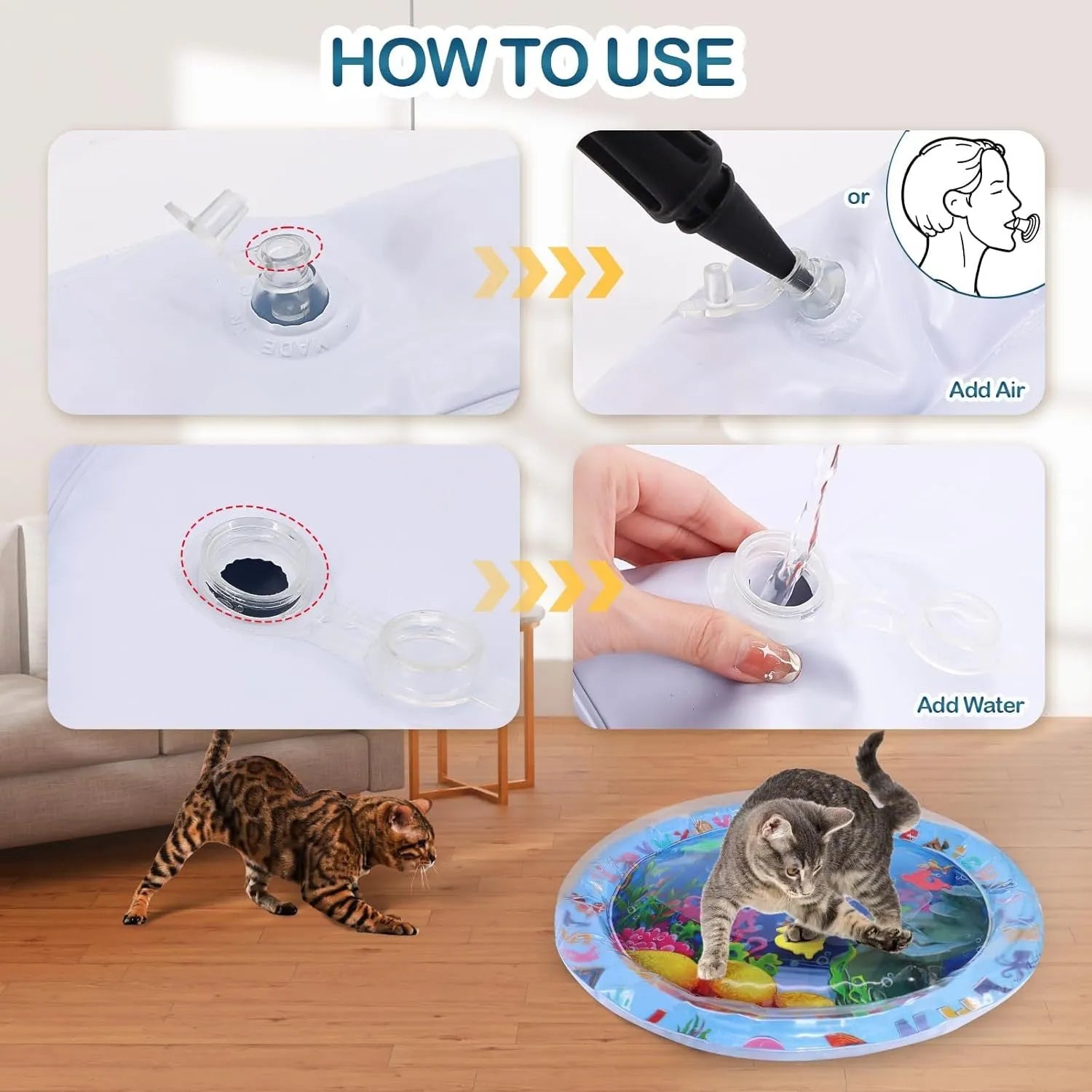 Thickened PVC water sensory playmat for cats and dogs with floating fish toys on a blue background