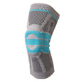Sky blue elastic fibre knee pad for sports, shown in size S, M, L, or XL.