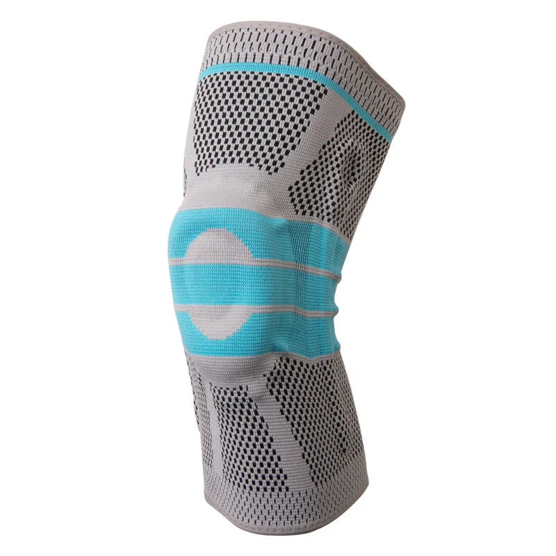 Sky blue elastic fibre knee pad for sports, shown in size S, M, L, or XL.