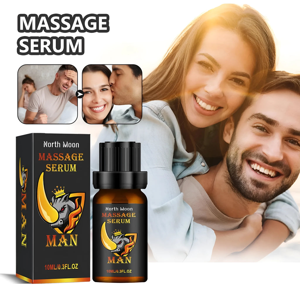 10ml bottle of men's massage essential oil with ginger and jojoba ingredients