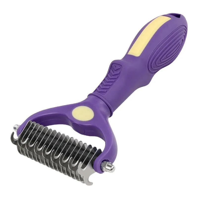 Purple double-sided plastic pet comb for detangling knots on dogs and cats