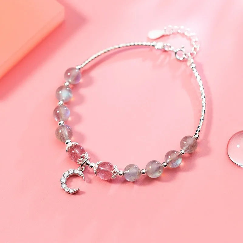 Natural moonstone bracelet with silver crescent moon charm and crystals on adjustable chain