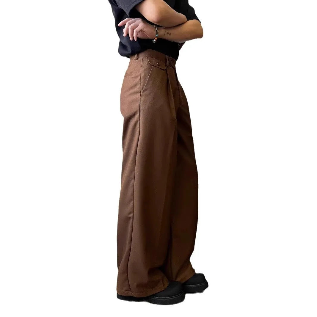 Men's straight-leg casual trousers in black or brown with wide-leg cut