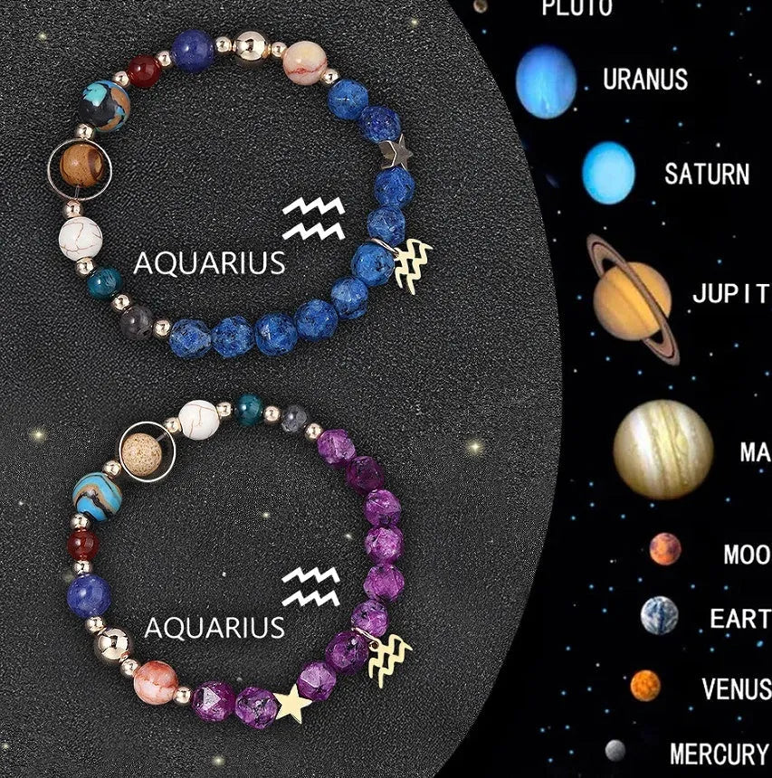 Two natural stone beaded bracelets with zodiac symbols on an elastic string.