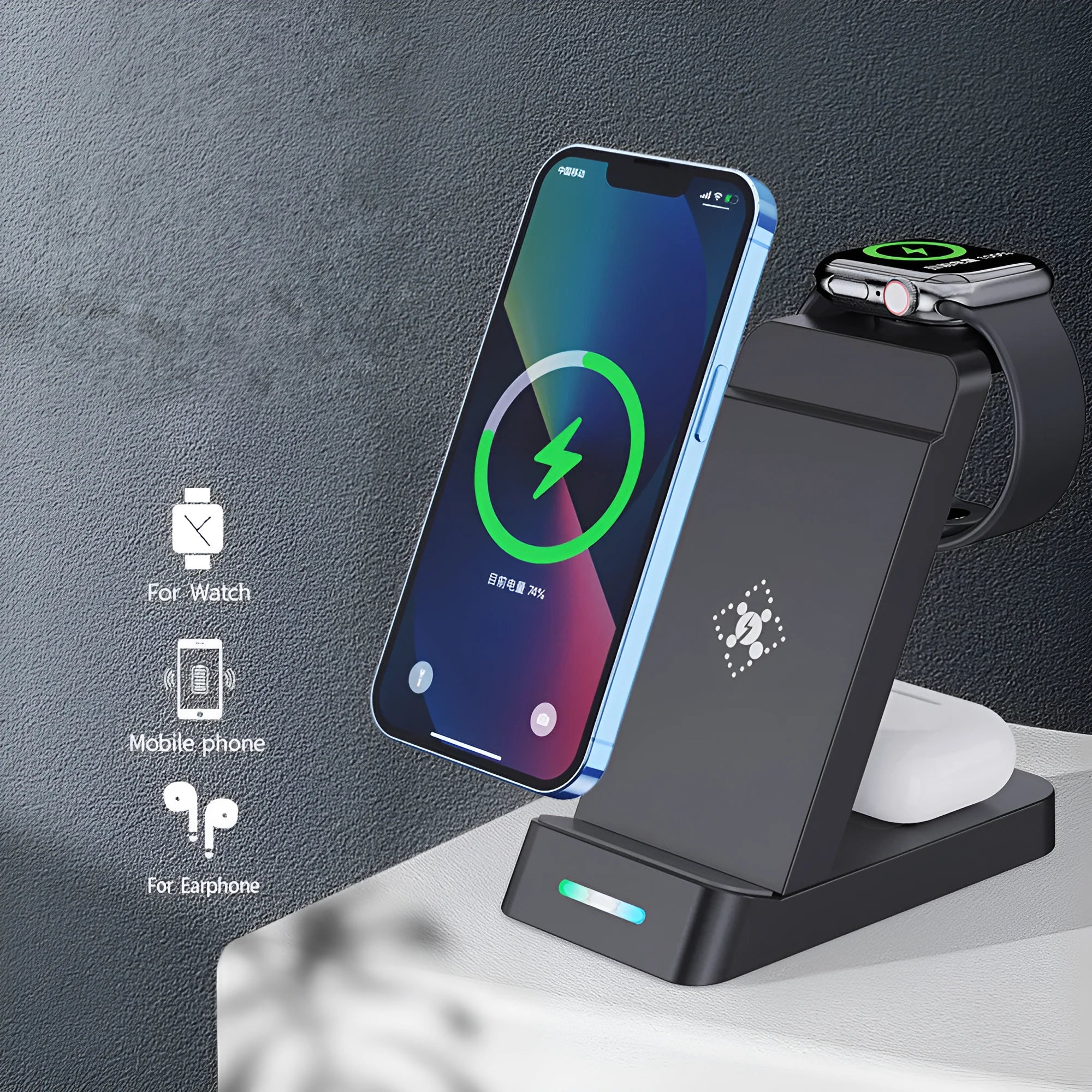 Black and white 65W three-in-one wireless charging dock for iPhone, Samsung, AirPods, and iWatch on a desk.