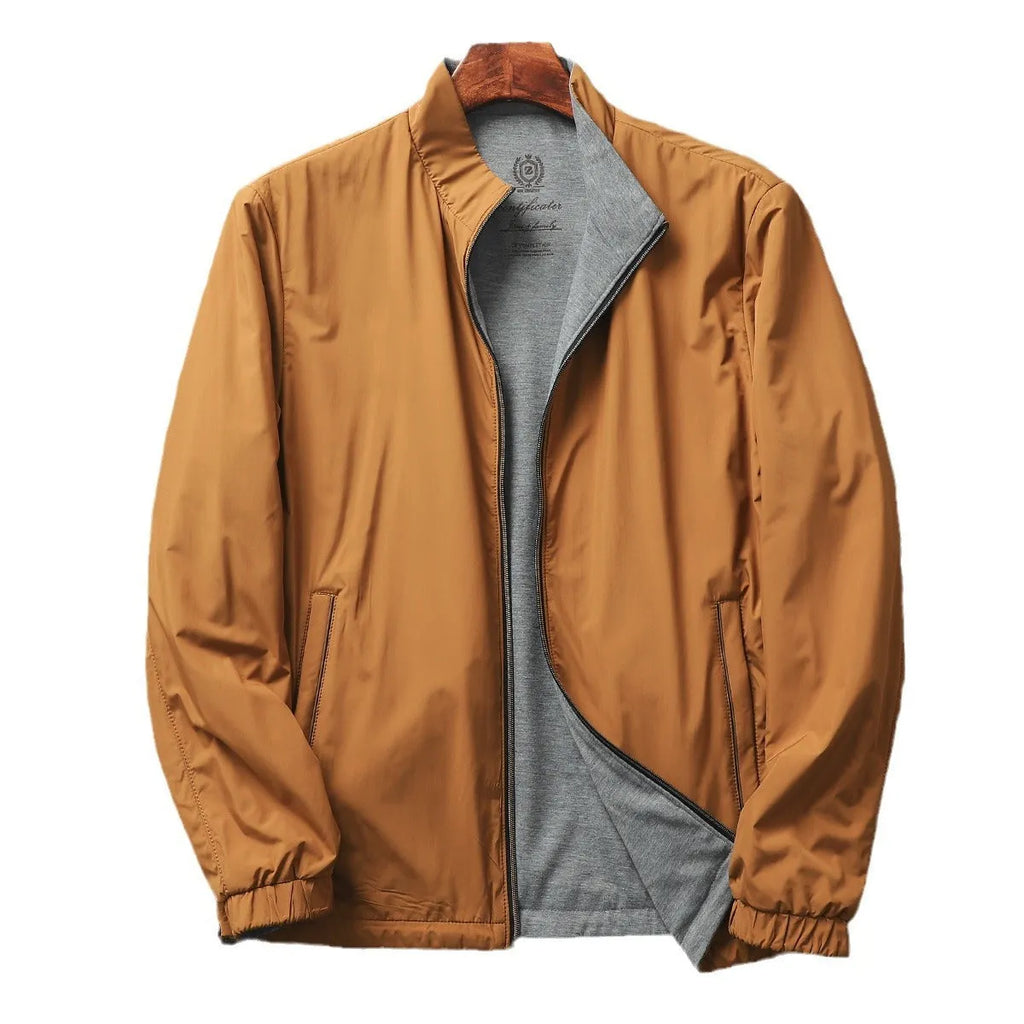 Men's stand collar casual jacket in polyester blend, shown in army green colour.