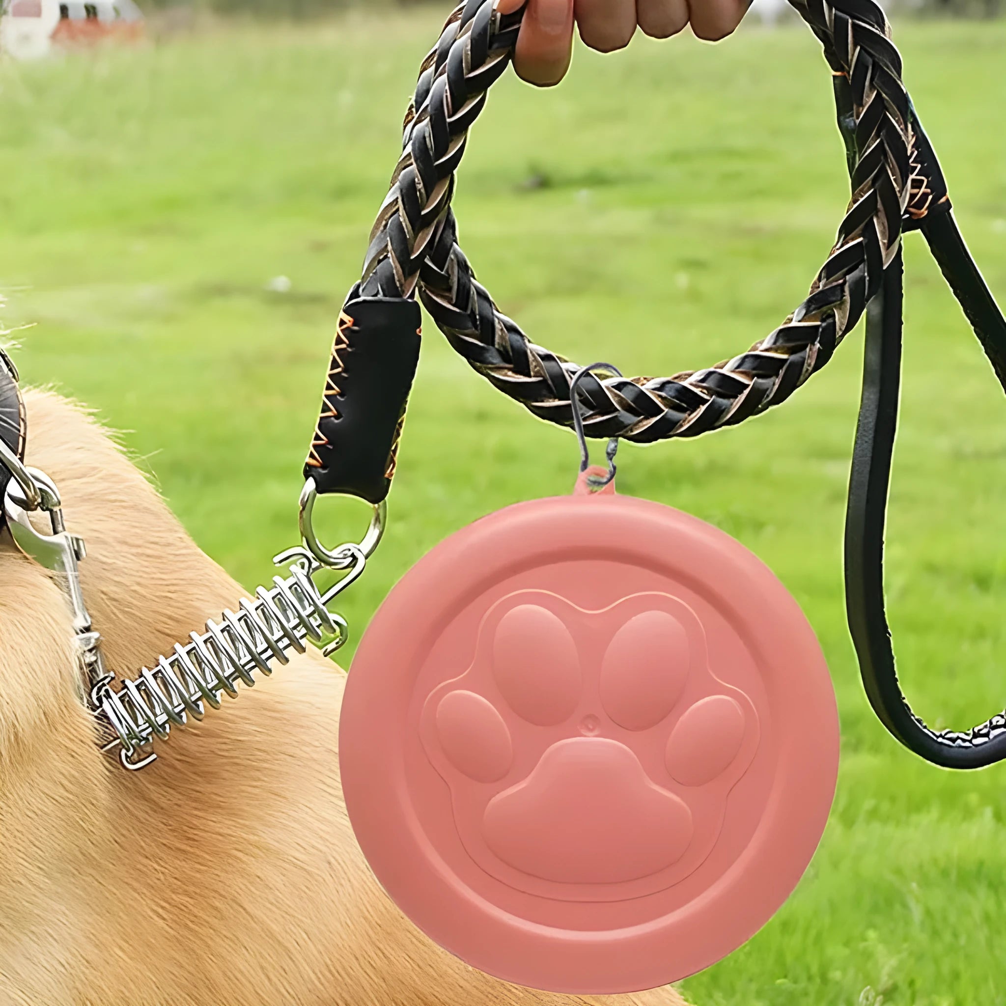Portable dog food and water bowl with snack box in light pink or green colours