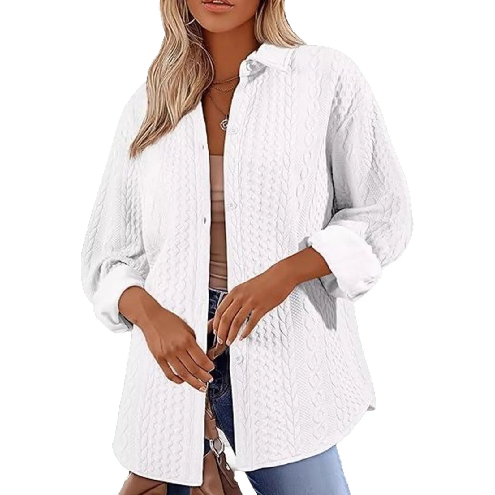 Women's solid colour long sleeve knit cardigan sweater in black, shown on a model.