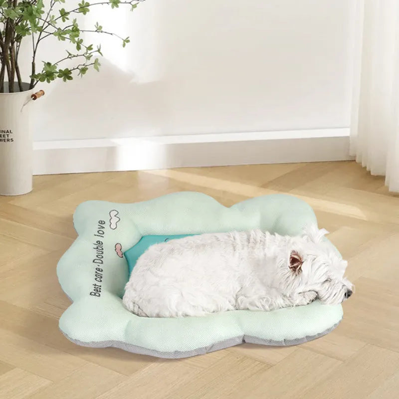 Green ice silk cooling mat for a medium-sized dog resting on the floor.